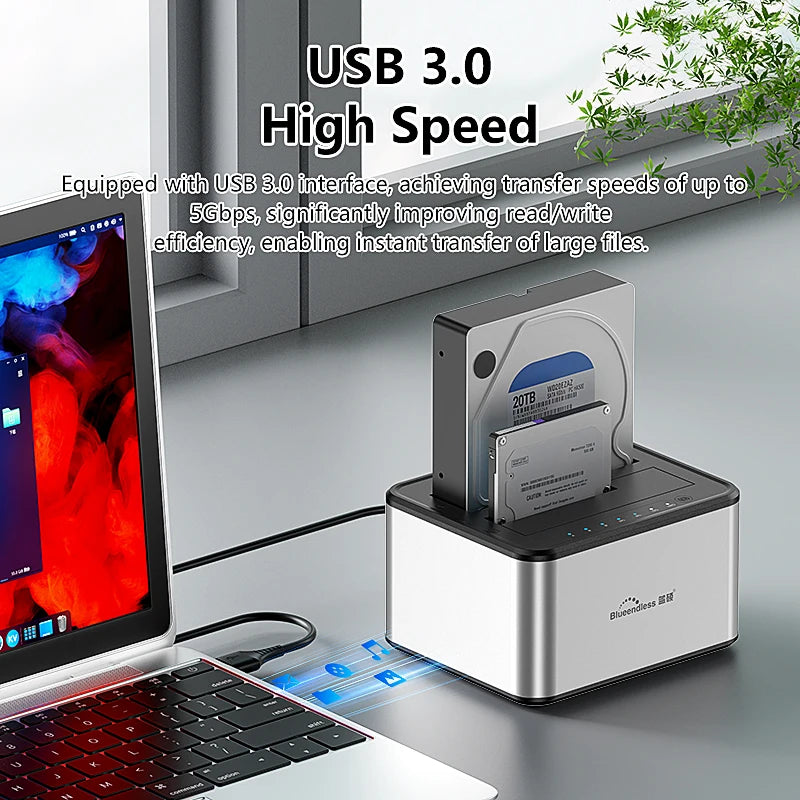 ប្រអប់ HDD ពីរ Bay Blueendless ស្ថានីយ៍ចត SSD ករណីក្រៅបណ្តាញក្លូន SATA ទៅ USB 3.0 អាដាប់ទ័រចម្លងសម្រាប់ថាស SSD/HDD ទំហំ 2.5 3.5