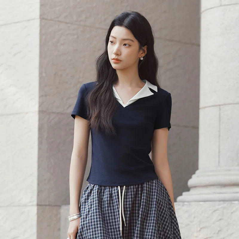 Semir Womens Polo 2026 Short Style Cool Feeling Color Block Lapel Slim Commute Style Casual