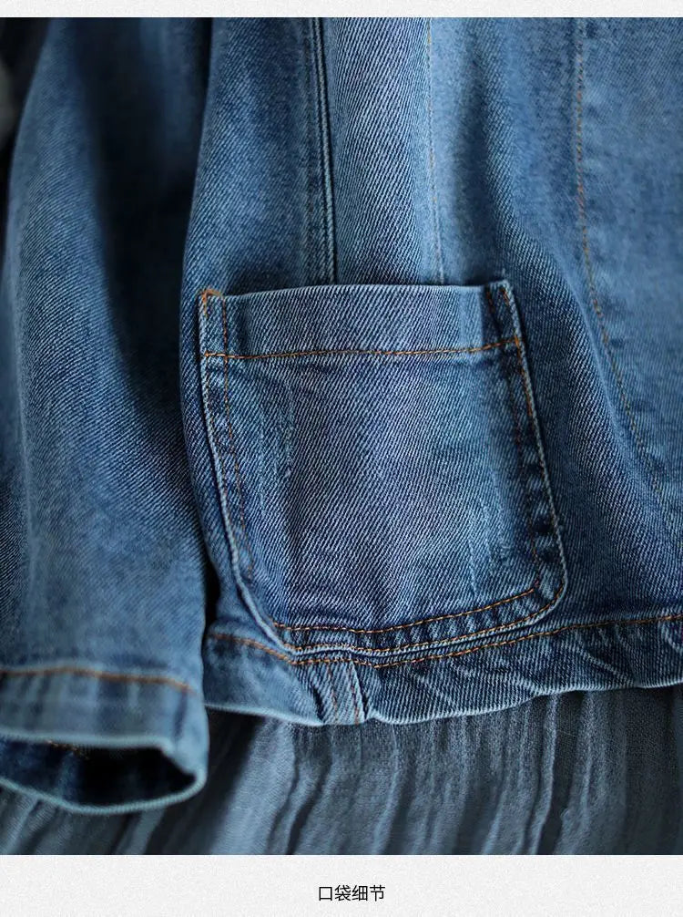 Vintage-style Women's Blue Denim Jacket; Stylish, Casual Single-button V-neck Blazer; Available in Asian Sizes M–3XL.