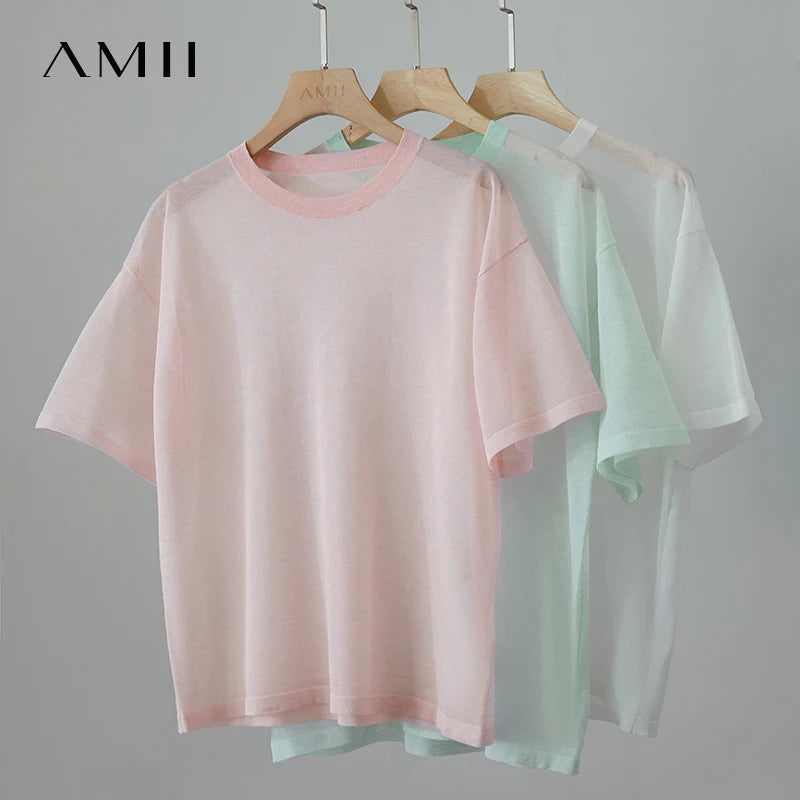 អាវយឺតប៉ាក់ AMII រដូវក្តៅធម្មតាសម្រាប់ស្ត្រីឆ្នាំ ២០២៥ អាវយឺតដៃខ្លីកមូលស្មាទម្លាក់ស្តើងសម្រាប់ស្ត្រីម៉ូដ ១២៥៥២០៧៧
