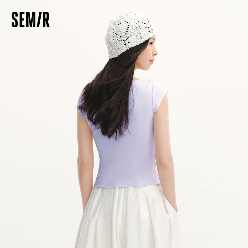 Semir Womens Tshirt 2026 Short Style Slash Neck Slim Solid Color Cool Feeling Casual Fashion