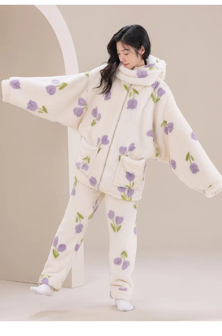 Warm Sleepwear For Winter Pajamas Thicken Flannel Coral Fleece Women's Pajamas Set Hooded Cartoon Cute Nightwear Home Clothes