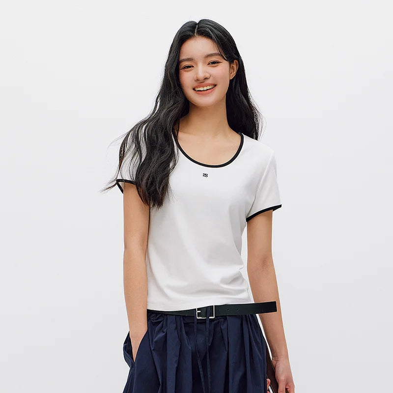 Semir Women Tshirt Cool Feeling Contrast U Neck Straight Shoulder Slim Embroidery Summer 2026 Casual Fashion Top
