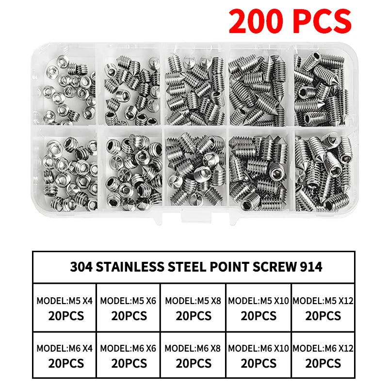 DIN914 304 -Stainless Steel Hex Socket Point Grub Screws M3 M4 M5 M6 M8 M10 Assortment Kit - High Hardness Fasteners Set