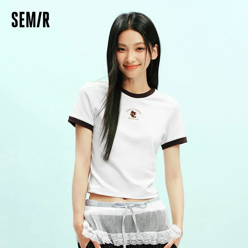 Semir Women Tshirt Cropped Contrast Color Slim Straight Shoulder Short Sleeve Summer 2026 Casual Style Soft Top