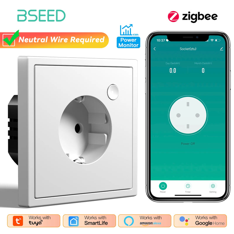 BSEED E Series Zigbee Socket Power Monitor Function Smart Electric Outlets Tuya Smart Life Google Home Control Plastic Frame