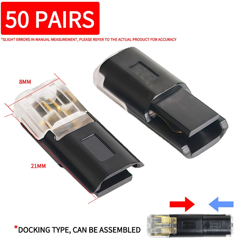 50 Pair Connector 2P Solder-Free Strip-Free Insulation Piercing Terminal Block, Quick Disconnect Plug for LED Cable