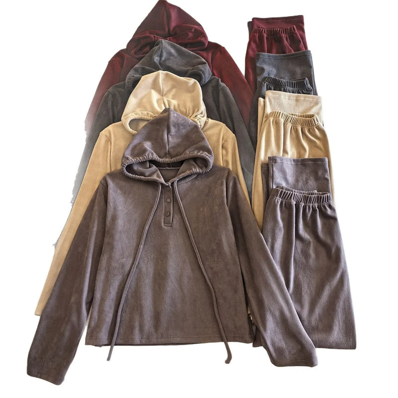 Winter Women's Pajamas Loose Hooded Korean Shake Fleece Sports Outerwear Home Clothes Spring Autumn Sleepwear Set Two Piece