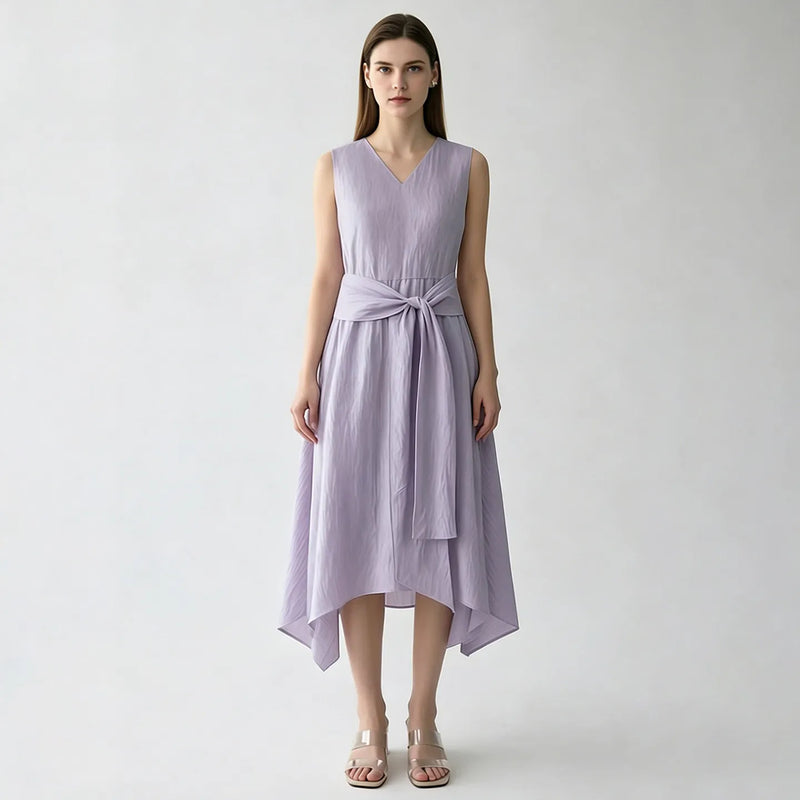 Amii 2026 Summer New Women Sleeveless Dress A-Line V-Neck Tie Waist Crinkled Texture Asymmetrical Hem Casual Midi Dress 12652074