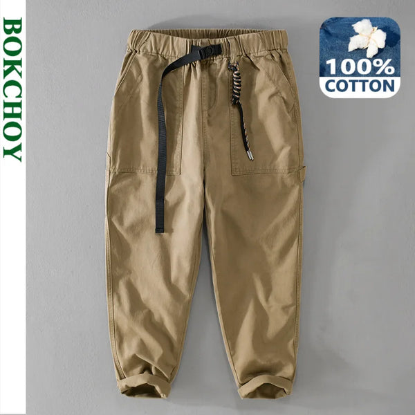 Autumn New 100% Cotton Cargo Straight Pants Men with Belt Casual Streetwear Jogger Trousers FY7617