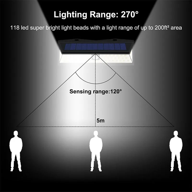 Solar Wall Light Motion Sensor Outdoor LED Lamp Waterproof 118LED Solar Powered 3 Modes for Porch Balcony Countyard Fence Decor
