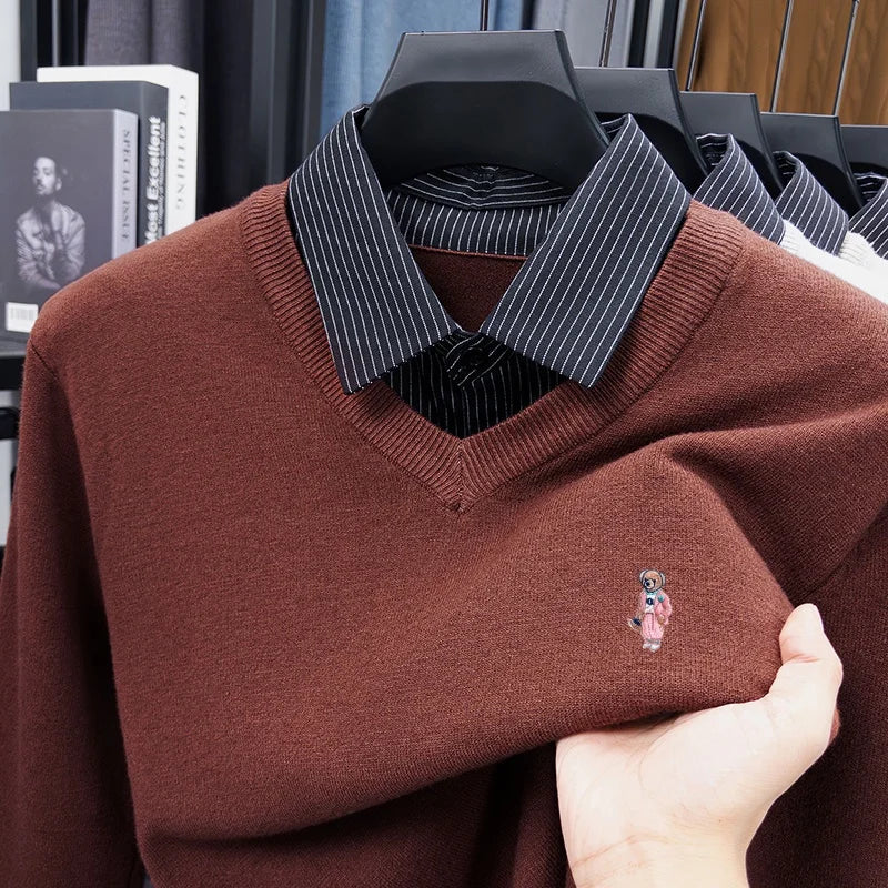 Multi-Color Selection Man False Two-Piece Long-Sleeved Knitwear Bear Embroidery Autumn Winter New Pullover Casual Men's Clothing