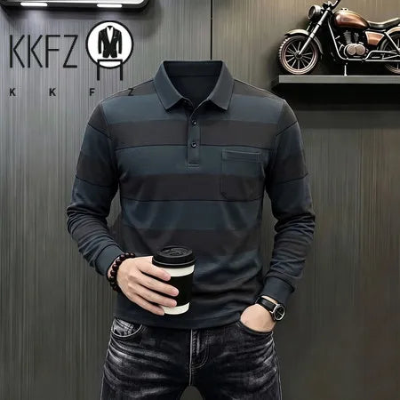 Business Casual Long Sleeve Striped Polo For Males Lapel Collar Soft Woven Fabric Neat Cut Travel Friendly Clothing