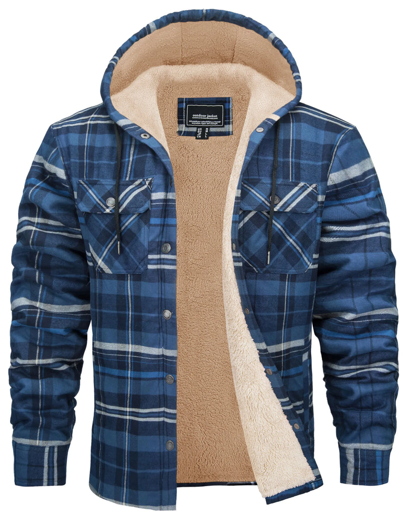 TACVASEN Mens Sherpa Lined Flannel Hoodies Jacket Heavyweight Hooded Fleece Thicken Warm Button Down Plaid Jacket Outwear Coats