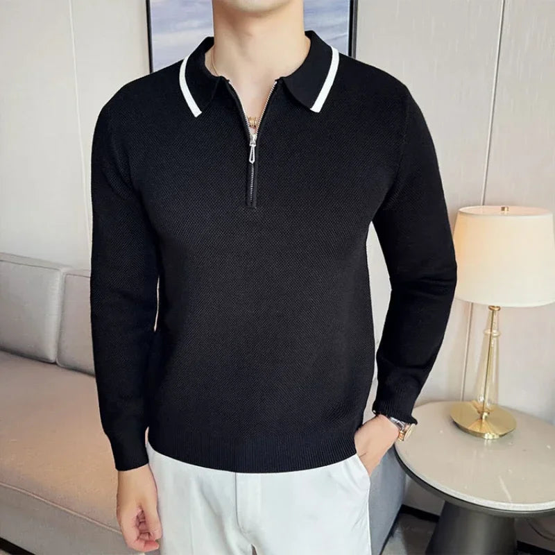 Men's Half Zip Polo Neck Knit Sweater, Color Block Design, Thick Winter Pullover, Business Casual High Collar Jumper