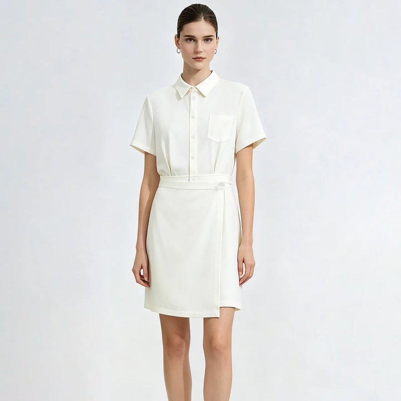 Amii Women's Casual Dresses 2026 Summer New Lapel Collar Half Placket Short Sleeve Panel Office Midi Dress For Women 12642177