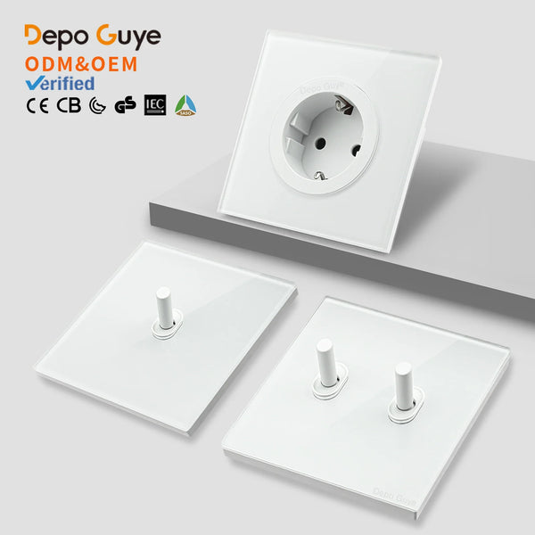 Wall Toggle Light Switch EU FR Standard White Glass Panel European Power Socket With Dual Type-c 20W Fast Charge Port Outlet