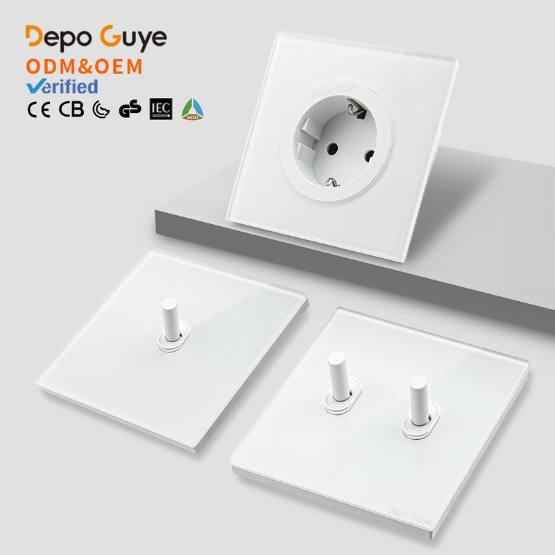 Wall Toggle Light Switch EU FR Standard White Glass Panel European Power Socket With Dual Type-c 20W Fast Charge Port Outlet