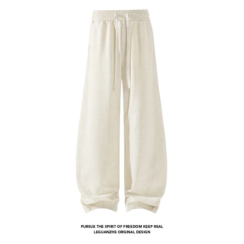 Male Oversized Loose Harem Trousers Elastic Drawstring Waist Linen Blend Fabric Baggy Cut For Youth Street Fashion Style