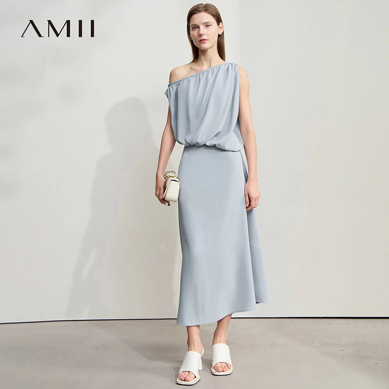 AMII Minimalism Women Long Dress 2026 Asymmetric Off Shoulder Sexy Luxury Designer Chiffon Black Dress Female Clothing 12542078