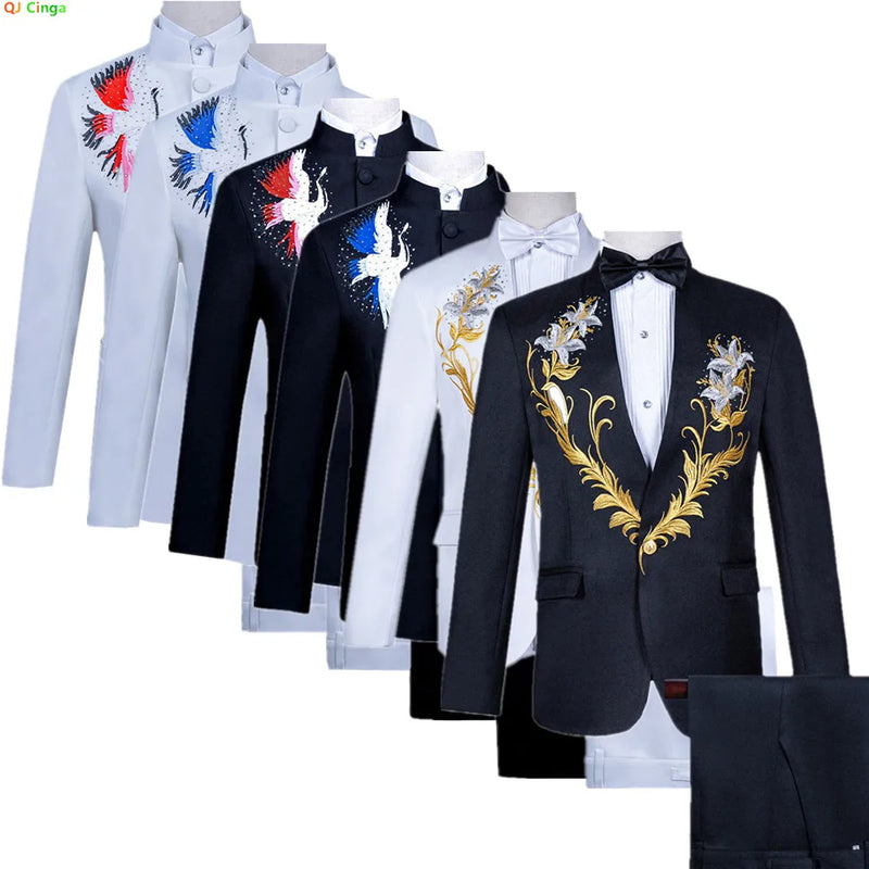 Men's Black Two-Piece Suit Set: a Slim-fit Embroidered Jacket for Weddings and Parties, Paired with Slacks; Asian Sizes.