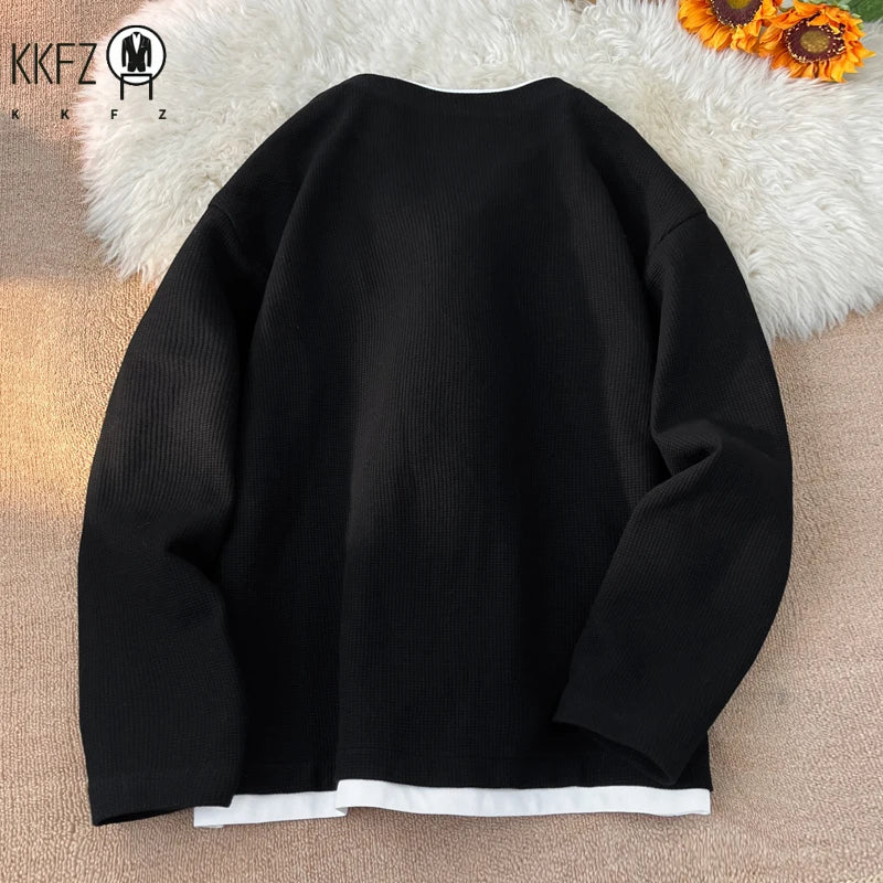 Mens Relaxed Fit Waffle Knit Shirt Long Sleeve Notch Neck Fake Layer Hem Trendy Urban Daily Fashion Outer Top
