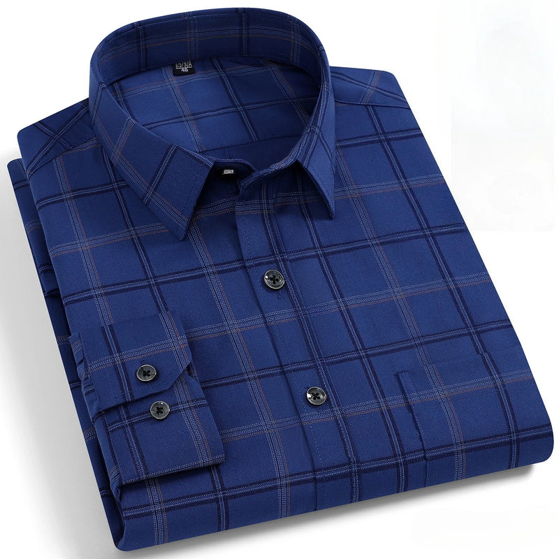Men's Black Long-sleeve Plaid Shirt for Spring and Fall; Wrinkle-resistant, Quick-drying, Casual Stretch Shirt. White,Gray,Blue.