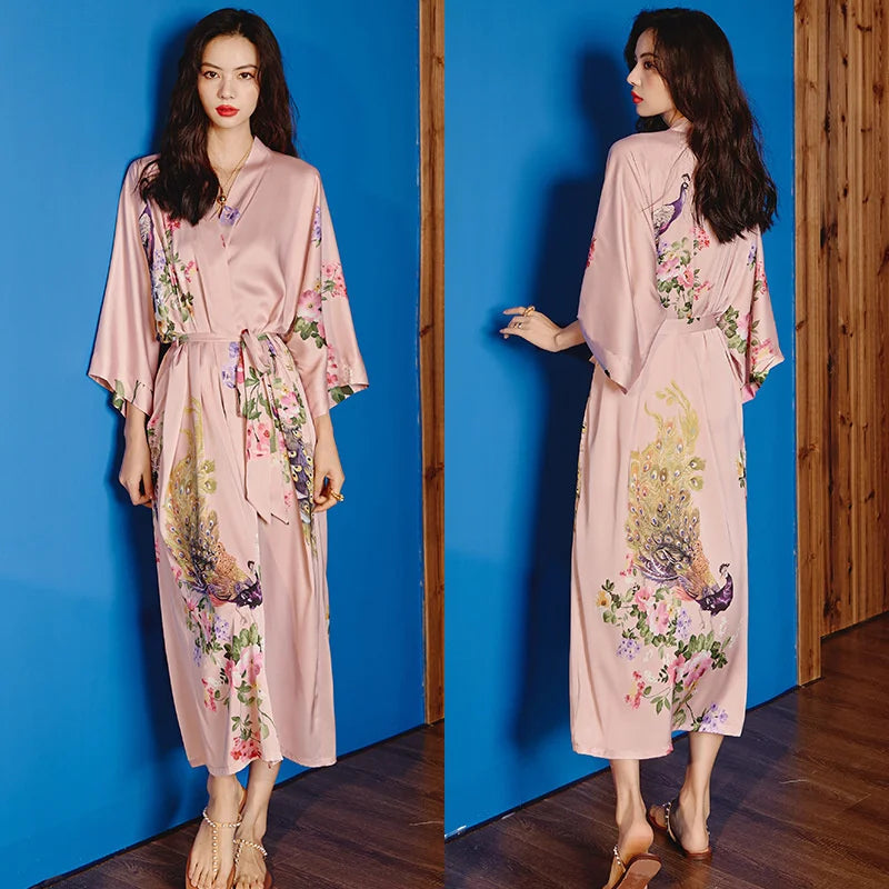 Women Ice Silk Rayon Home Dress Black Print Flower Long Robe Nightgown Spring Summer Half Sleeve Kimono Bathrobe Gown