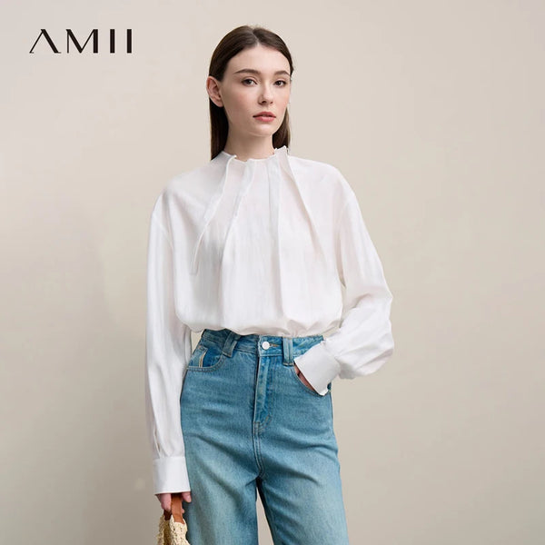 អាវ Amii សម្រាប់នារី រដូវស្លឹកឈើជ្រុះ ឆ្នាំ២០២៦ អាវថ្មីសម្រាប់ធ្វើដំណើរ អាវក្រណាត់ Chiffon ដៃវែង កអាវឈរ ដៃអាវទម្លាក់ លេខ ១២៦៤១០៧៤