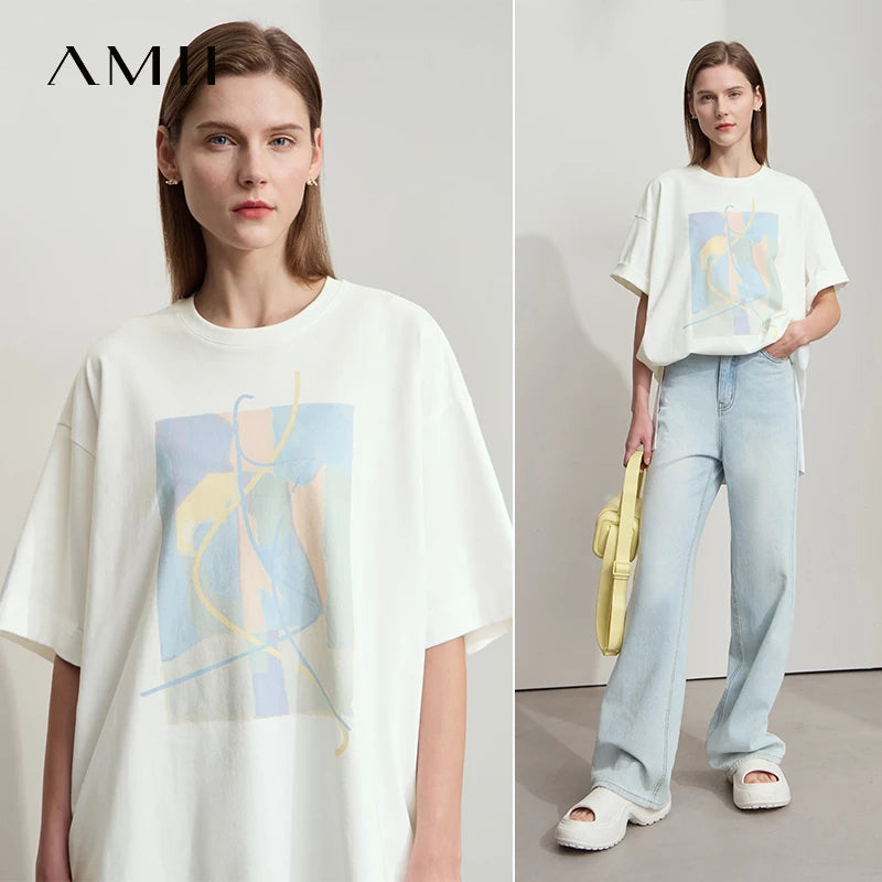អាវយឺតរដូវក្តៅ Amii Minimalist សម្រាប់នារី រចនាមិនទៀងទាត់ អាវធម្មតា ក អូ-ក បោះពុម្ពអរូបី អាវយឺតរលុង ស្មាទម្លាក់ចុះ 12522081