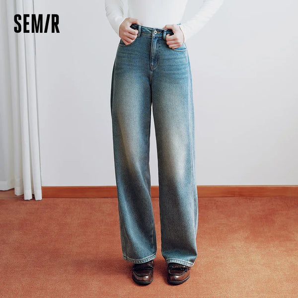 ខោខូវប៊យ Semir សម្រាប់នារី ធ្វើពីក្រណាត់ Whisker Wash បែប Vintage Wash ធ្វើពីក្រណាត់ Fleece ដែលអាចបត់បែនបាន រចនាប័ទ្ម Vintage ជើងធំទូលាយ ឆ្នាំ 2026 សម្លៀកបំពាក់រដូវរងាថ្មីប្រចាំថ្ងៃ
