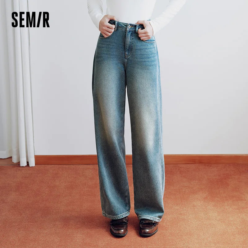 ខោខូវប៊យ Semir សម្រាប់នារី ធ្វើពីក្រណាត់ Whisker Wash បែប Vintage Wash ធ្វើពីក្រណាត់ Fleece ដែលអាចបត់បែនបាន រចនាប័ទ្ម Vintage ជើងធំទូលាយ ឆ្នាំ 2026 សម្លៀកបំពាក់រដូវរងាថ្មីប្រចាំថ្ងៃ