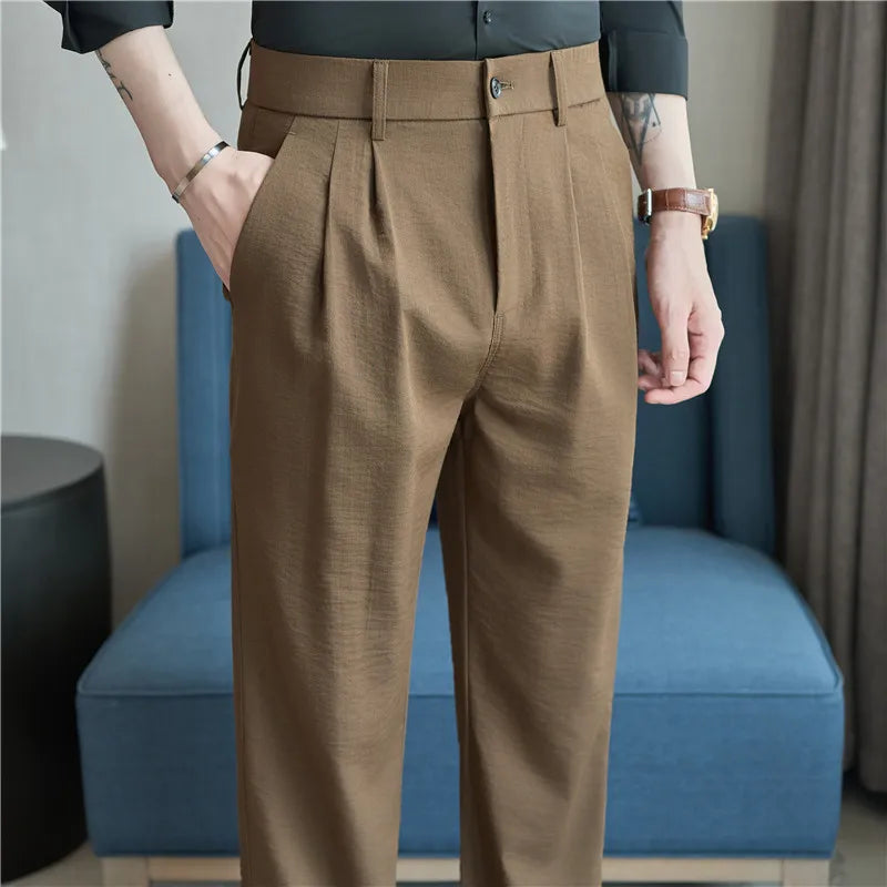 Men's Old Money Style Linen-Cotton Pleated Dress Pants – Lightweight, Semi-Elastic Waist & Wrinkle-Free for Summer