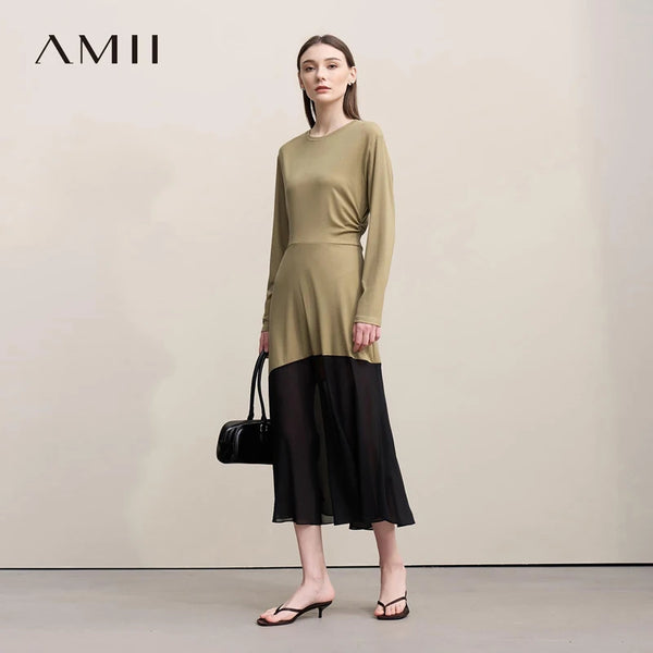 រ៉ូប Amii Womens រដូវស្លឹកឈើជ្រុះឆ្នាំ ២០២៦ រ៉ូបថ្មីឆើតឆាយ លំនាំប៉ាក់ អាវក្រណាត់ Chiffon រាងអក្សរ H រលុង សំពត់វែងធម្មតាសម្រាប់នារី 12621063