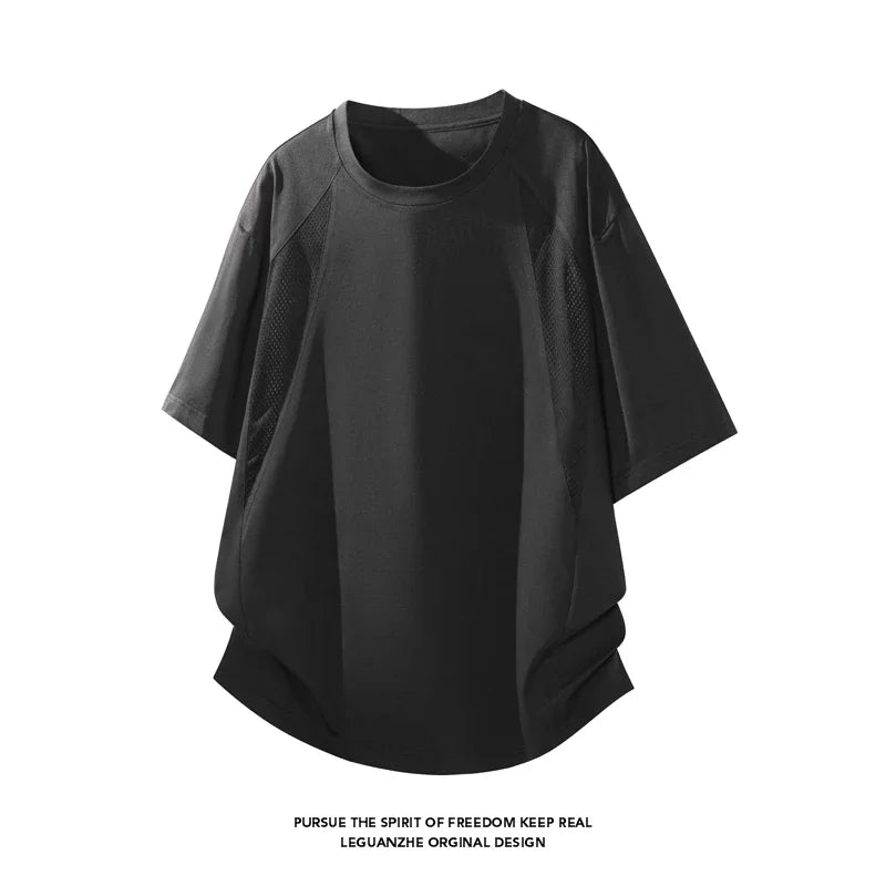 Mens Loose Curved Hem Athletic Top Raglan Short Sleeve Mesh Spliced Quick Dry T Shirt For Gym Training Travel Outdoor Scenarios
