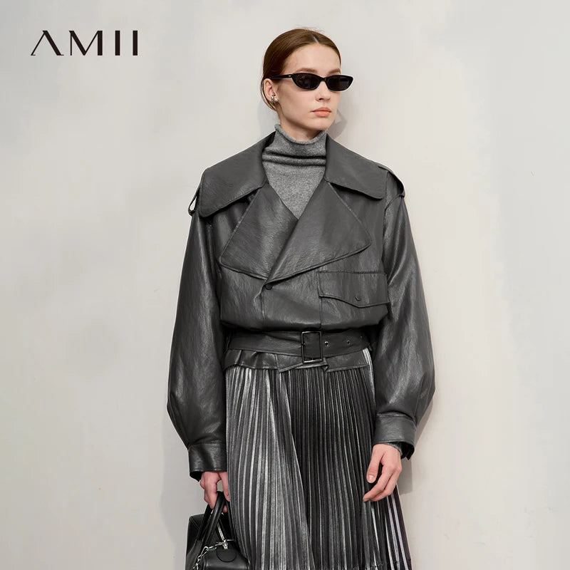 AMII Down Jacket Woman 2026 Winter New PU Leather Lapel Long Sleeves Simple Top Woman Loose With Belt Short Down Coats 12544080