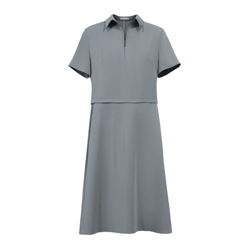Amii Women's Casual Dresses 2026 Summer New Lapel Zip Half Placket Fitted Waist Office Short Sleeve Midi Dress Women 12642146