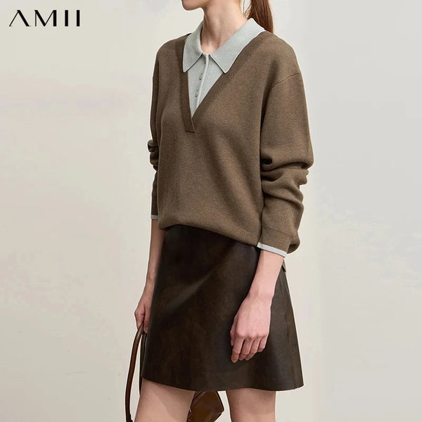 AMII Casual Women's Sweater 2026 Winter New Loose Elastic Knitting Top Female Wool Versatile V-neck Sweater For Woman 12544086