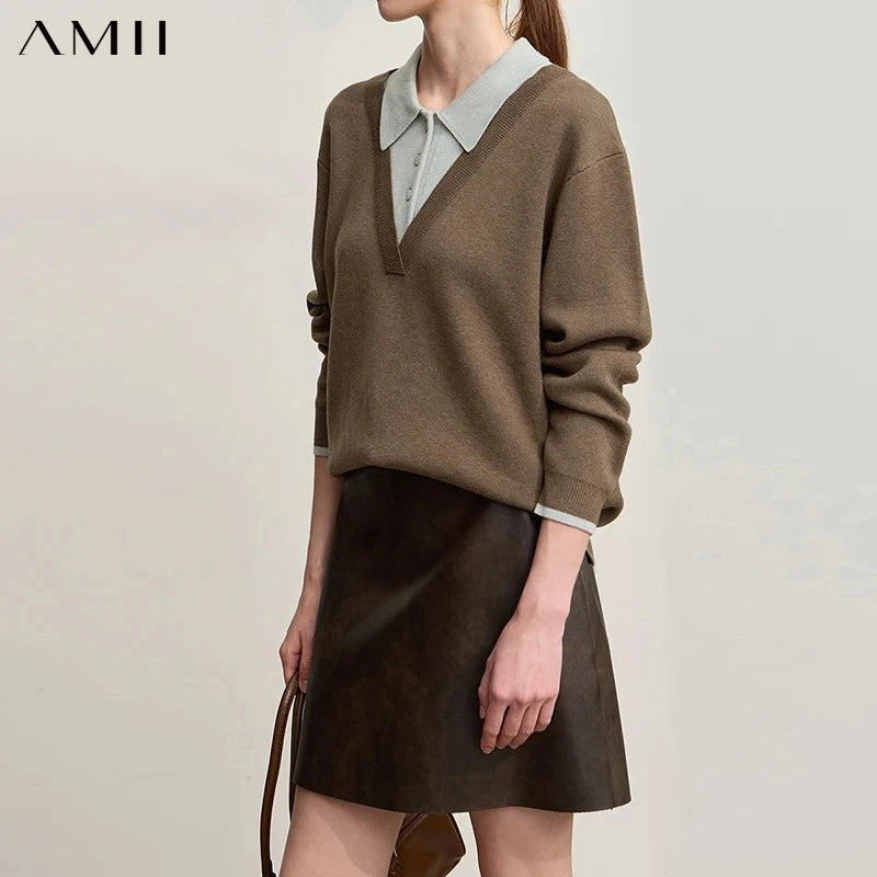 AMII Casual Women's Sweater 2026 Winter New Loose Elastic Knitting Top Female Wool Versatile V-neck Sweater For Woman 12544086