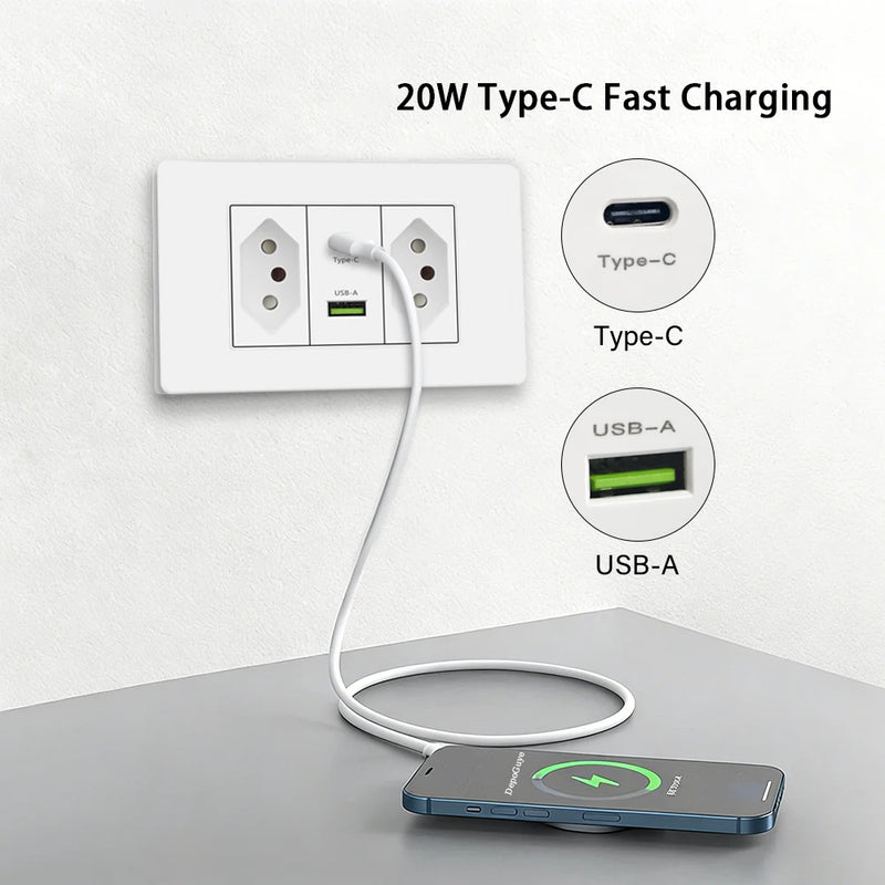 Italy Chile Mexico USB Smart Type-c 20W Fast Charging Wall Outlet plug,Brazil Electric Light Switch Panel Universal usb c Socket