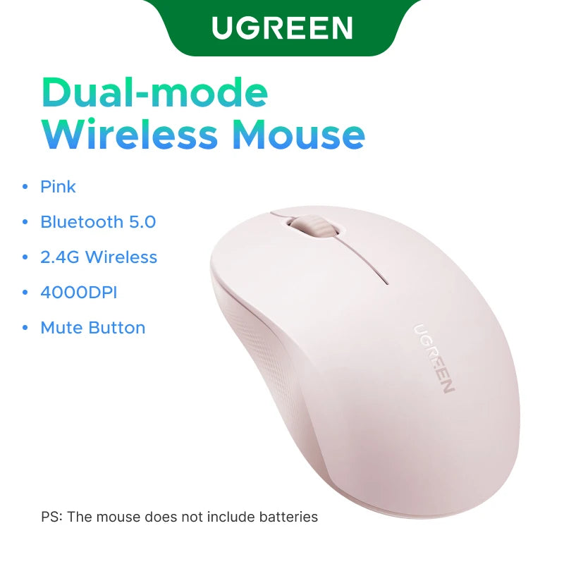 UGREEN Wireless Mouse 2.4G & Bluetooth Dual Mode, 4000DPI 4-Level Adjustable, Silent Click, Portable Ergonomic Mouse for Laptop