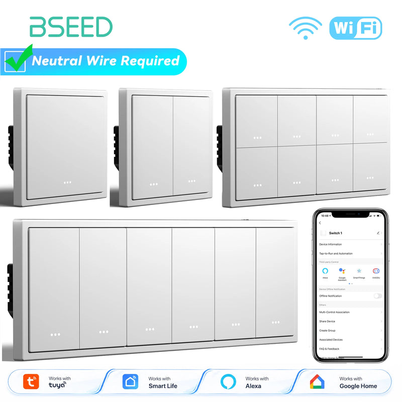 BSEED E Series WIFI Button Light Switch 1/2/3/4Gang 2Way Smart Click Button Switch Plastic Frame Tuya Smart Life Alexa Control