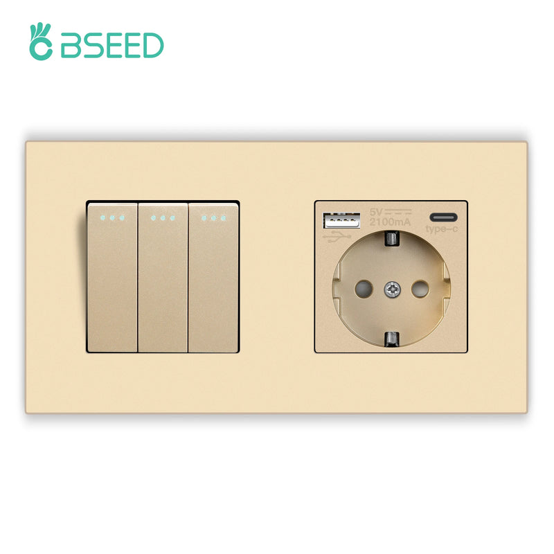 BSEED Mechanical Button Switches With Power Socket 1/2/3Gang 1Way Plastic Panel Electrical Outlets USB Type-C Wall Socket 16A