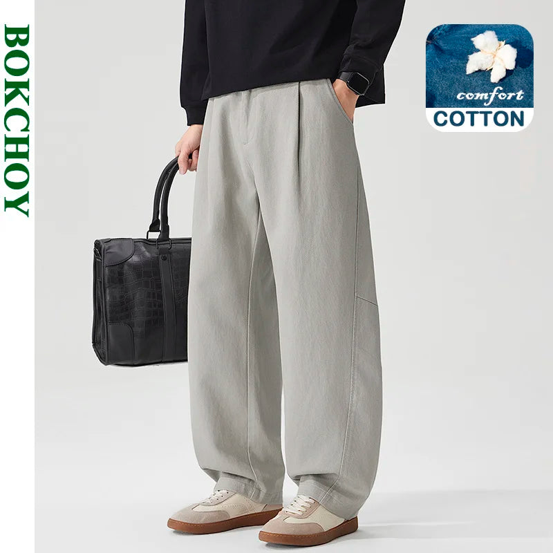 2026 Autumn New Cotton and Lyocell Wide Leg Loose Cropped Pants for Men Clothing Comfort Male Pants LX26104