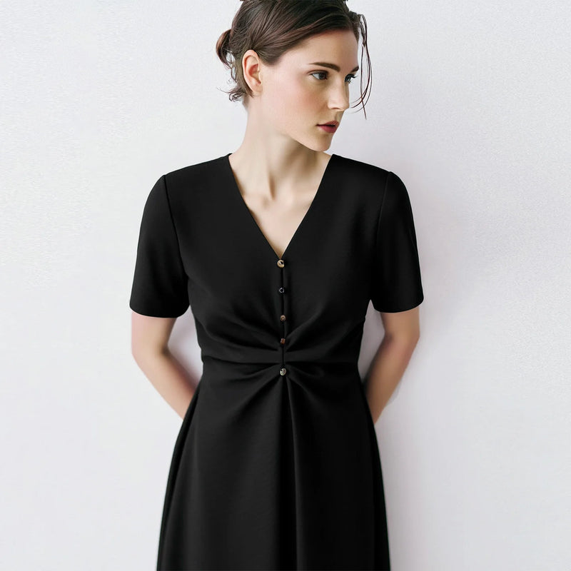 Amii Women's Dress 2026 Summer New Short Sleeve V-Neck Shirred Fitted Waist Midi Dress Holiday Casual Woman Clothes 12622204