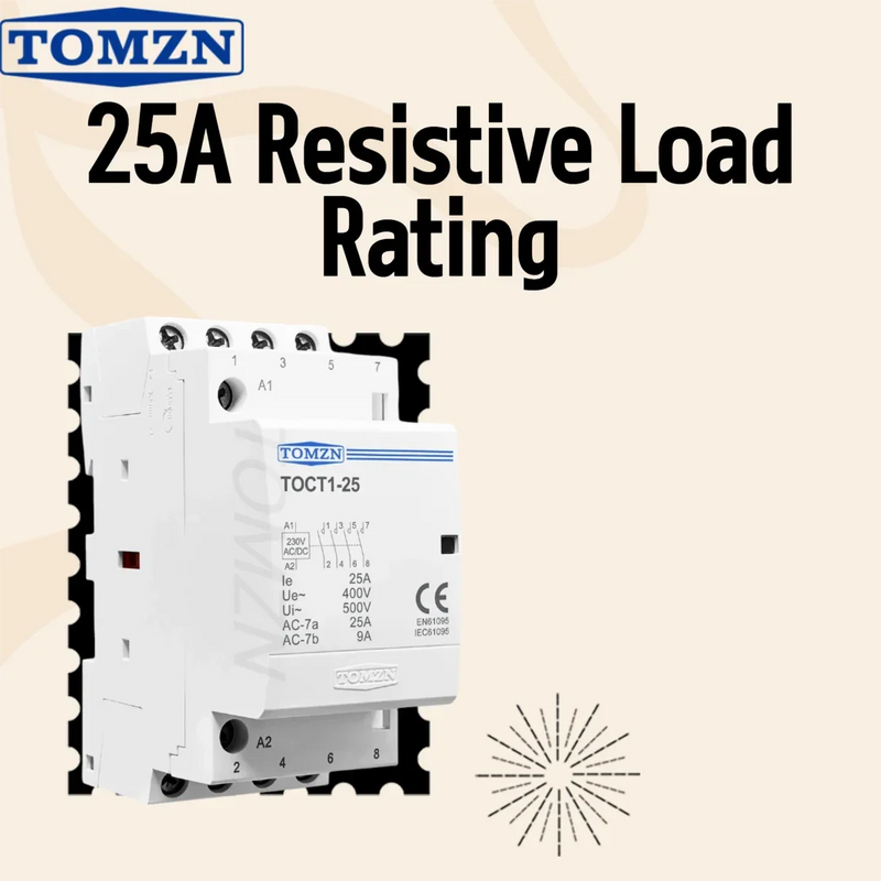 កុងតាក់ម៉ូឌុលផ្លូវដែក DIN TOMZN 25A – ការគ្រប់គ្រង AC/DC (24/110/220V 50/60Hz), កុងតាក់៖ ប្តូរ 4NO / 4NC / 2NO2NC