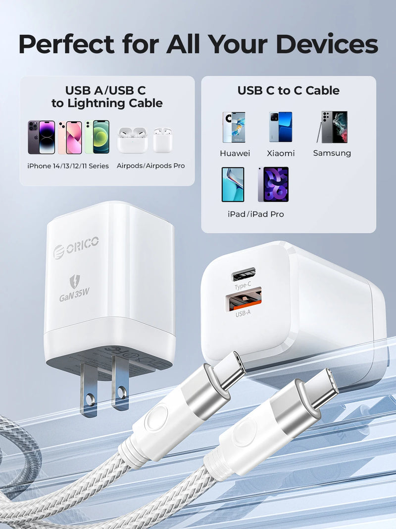 ORICO-fast charger with dual USB ports, mobile phone adapter, for iPhone, Samsung, Xiaomi, Huawei, 35W