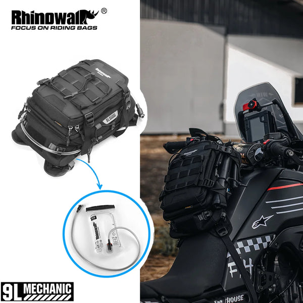 កាបូបដាក់ធុងសាំងម៉ូតូ Rhinowalk កាបូបស្ពាយពហុមុខងារ 9L ជាមួយស្រោមការពារភ្លៀង កាបូបទឹក 1.5L ប្រព័ន្ធ MOLLE ច្រើនបន្ទប់ ជាសកល
