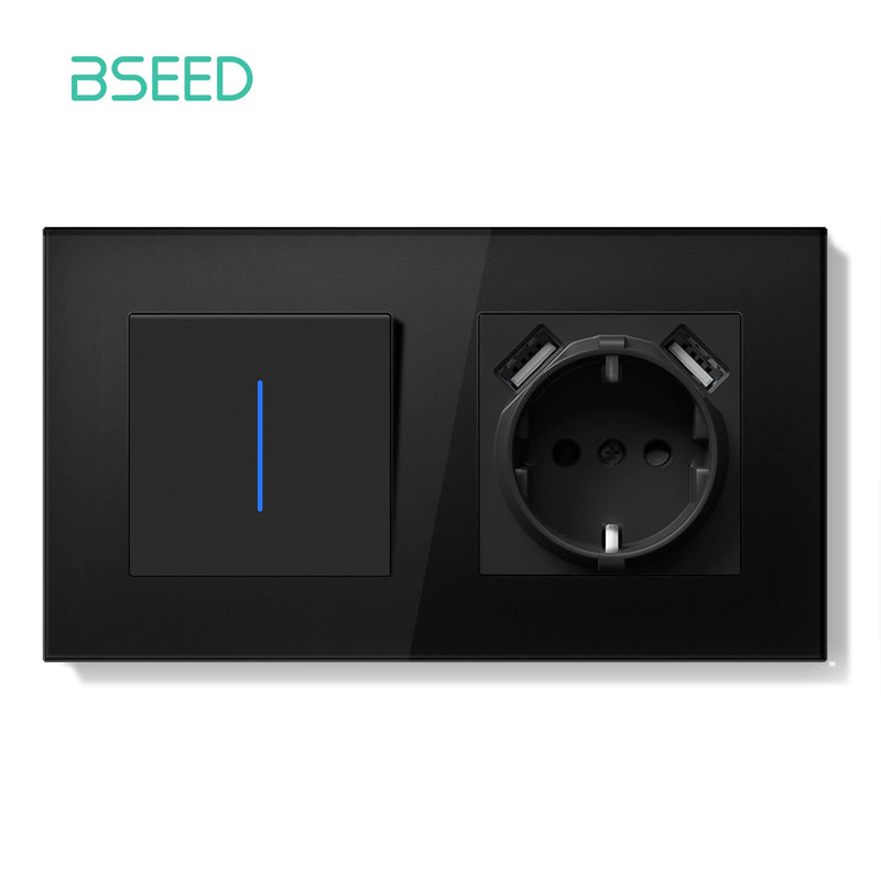 BSEED E Series Mechanical Wall Light Switch Button Switch 1/2Gang 1Way With Wall Socket Crystal Glass Panel Switch On Off 250V