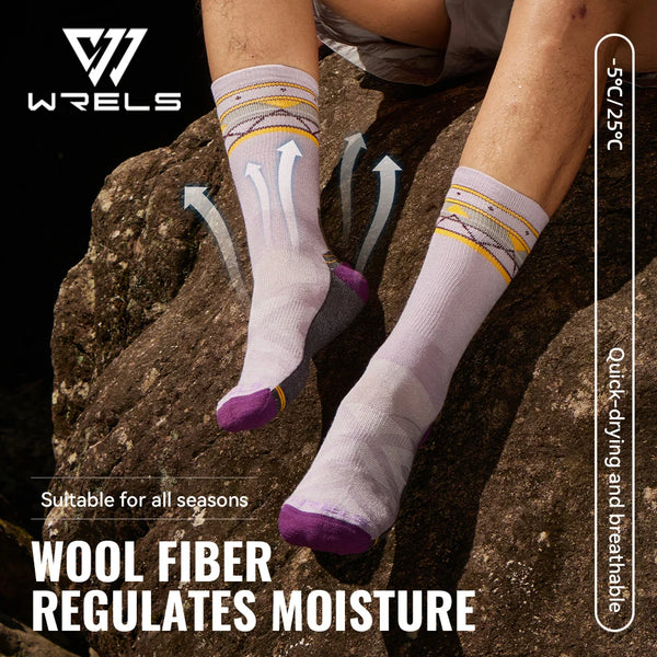 WRELS 1/2/3 Pairs Merino Wool Hiking Socks Moisture Wicking Crew Socks Arch Support Thermal Cushioned Outdoor Trekking Socks